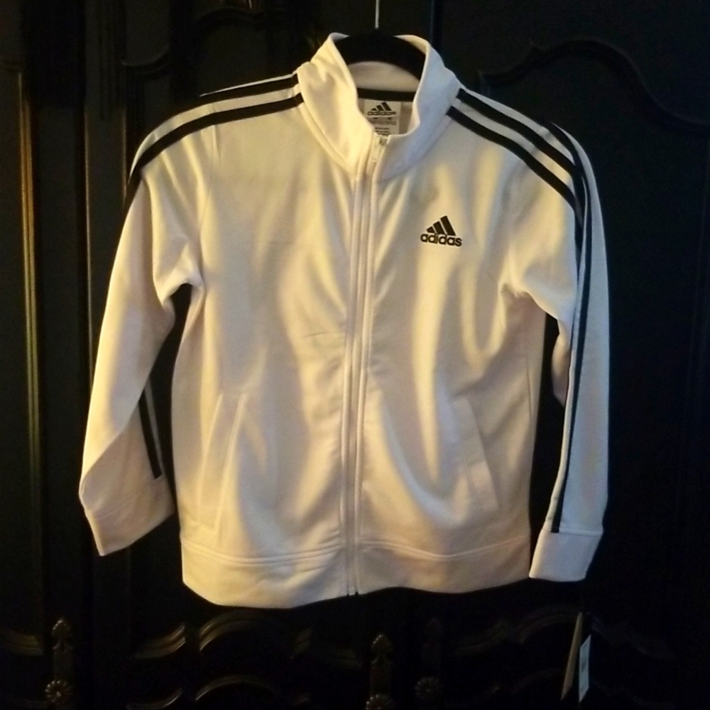 Adidas white track suit jacket with black stripes. Never Worn.  Brand new.